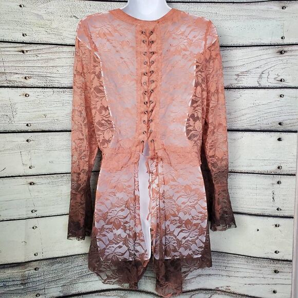 Voice of California Women’s Lace Longline Cardigan Top Rust Sheer Boho L - Picture 6 of 9
